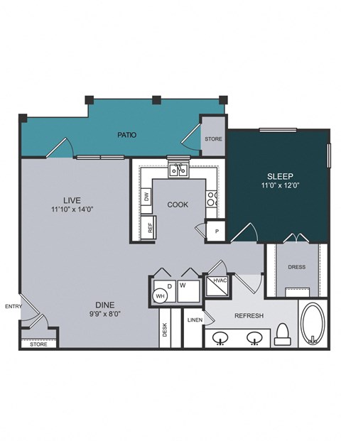 Floor plan for 1 bed, 1 bath, 789 sqft